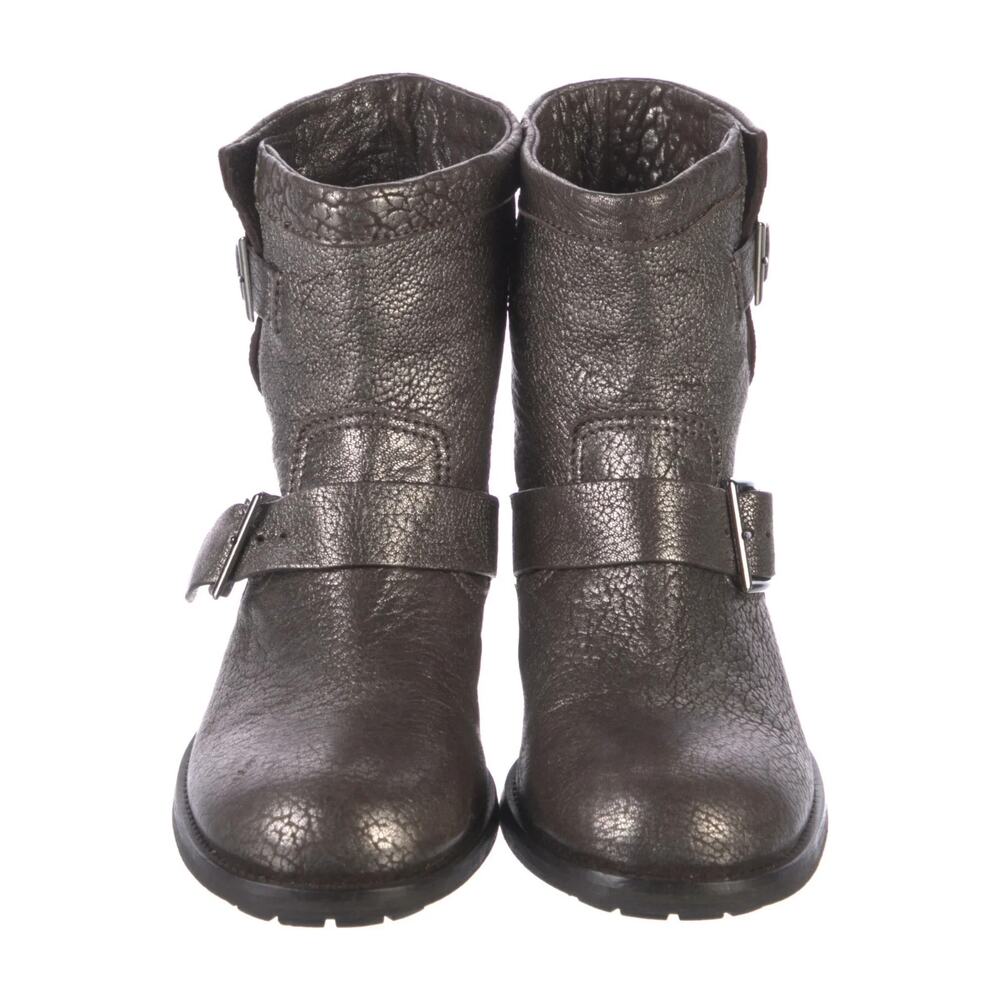 Jimmy Choo Metallic Leather Moto Boots Buckle Strap Women’s Size 37.5 Ankle